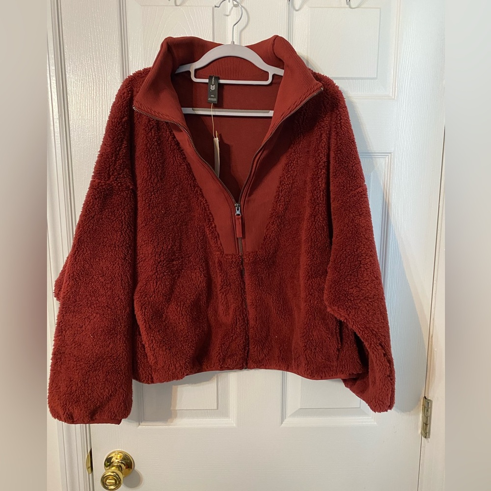 Women’s Girls Cozy Red Sherpa Jacket Cropped Oversized Full Zip Pockets